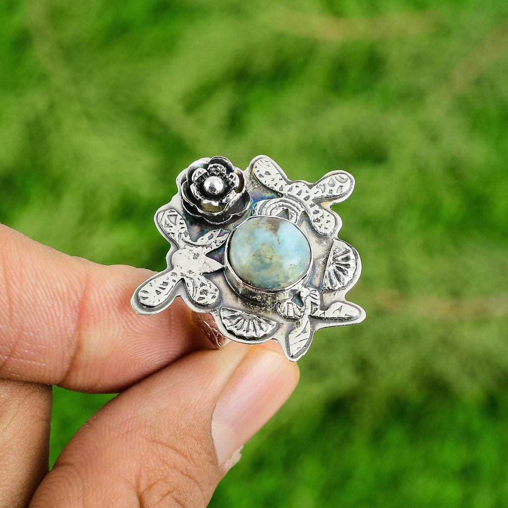 Natural Larimar Gemstone 925 Silver Solitaire Flower Adjustable Ring For Girls