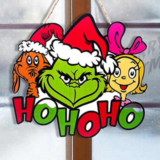 Christmas Hanging Sign Wooden Seasonal Door Wall Sign Santa Hat Green Elf Holiday Decor