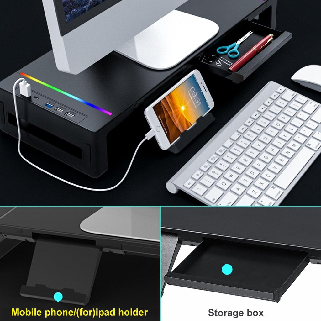 Подставка для монитора ABS RGB, стойка для стола с тремя USB3.0 клавиатурой, мышью, полкой для хранения, подставкой для экрана с ящиком для зарядного кабеля, держателем для телефона, черная