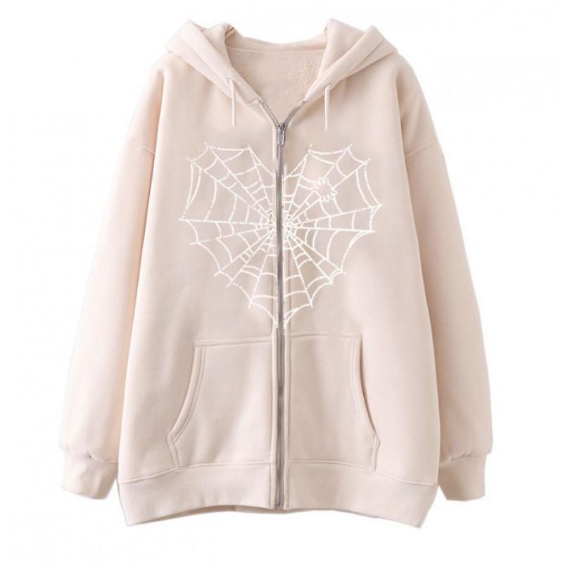 Spider Web Print Hooded Sweatshirt Women Loose Fit Zip-Up Casual Streetwear Oversized Pullover