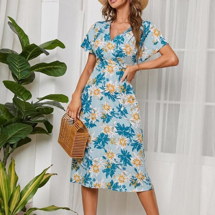 Women Floral Chiffon Casual Summer Dress V Neck Short Sleeve High Waist Swing Long Chic Sizes S To XL