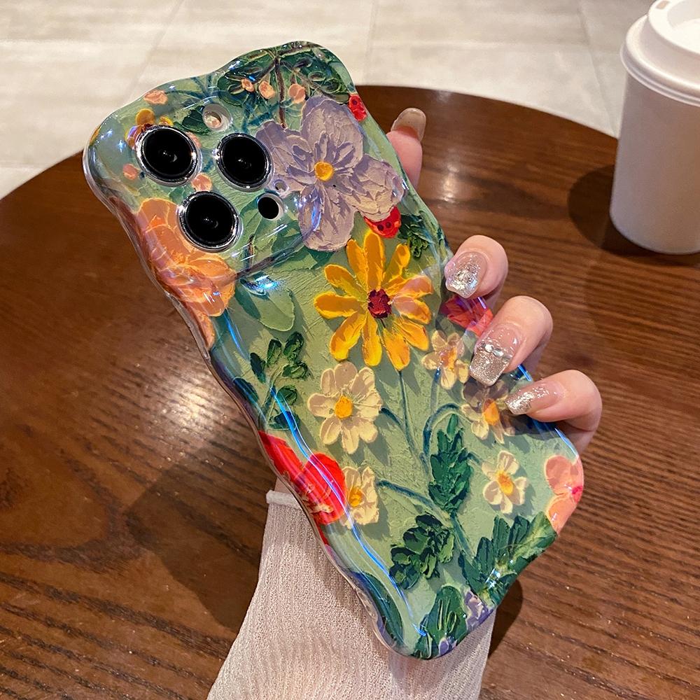 For Iphone 15 Pro Max Oil Painting Flowers Phone Case For iPhone 12 13 14 Pro Max 12promax 15pro 13promax Soft IMD Shockproof Bumper Wavy Frame Cover
