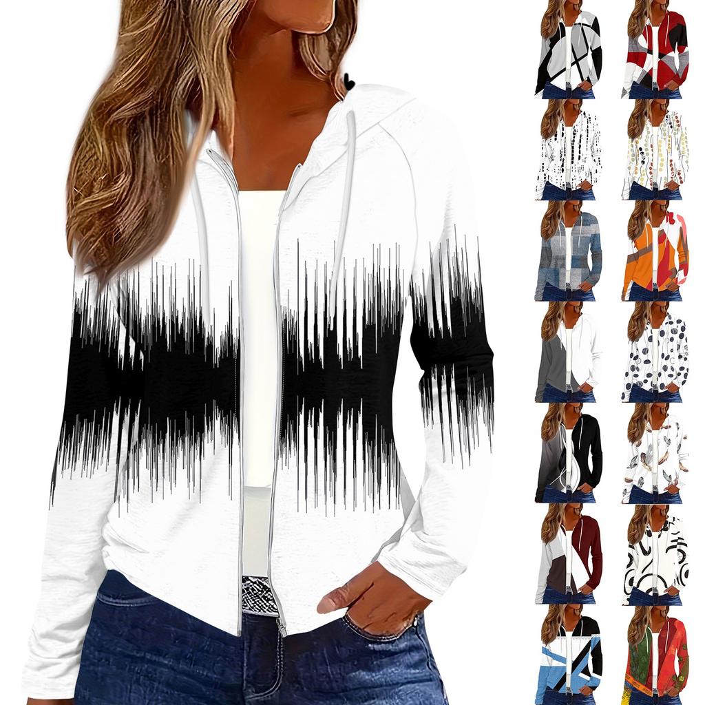 Women's Fashion Casual Zip Up Hooded Print Long Sleeve Sweatshirts Coat