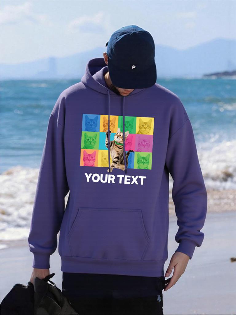 Colorful Cat Your Text Printing Men Hoody Fleece Autumn Hoodies Pocket Loose Sportswears Comfortable Multicolor Man Hoodie