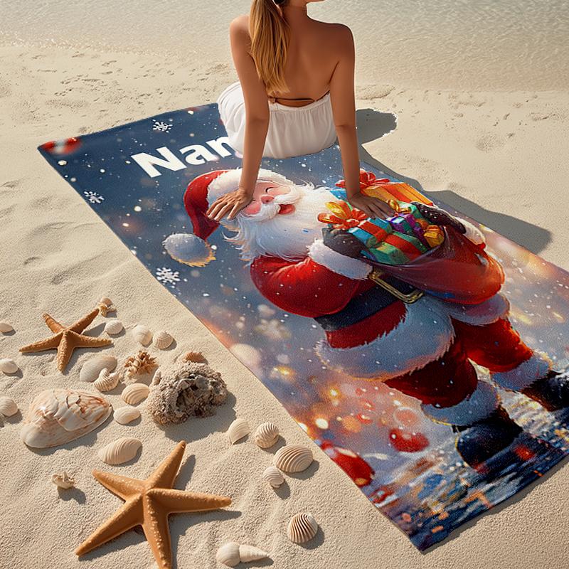 Custom Name Ultra-Soft Beach Towel with Christmas Santa Claus Theme,Ideal for Pool - Camping, Diving - Perfect Travel Essential, Vibrant Beach Towel.