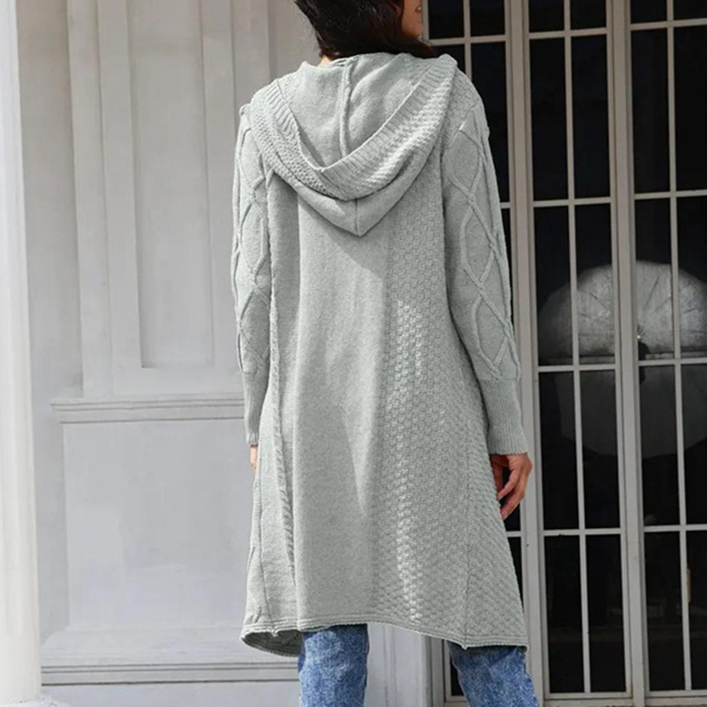 Женский свободный вязаный кардиган средней длины с капюшоном, пальто с косами