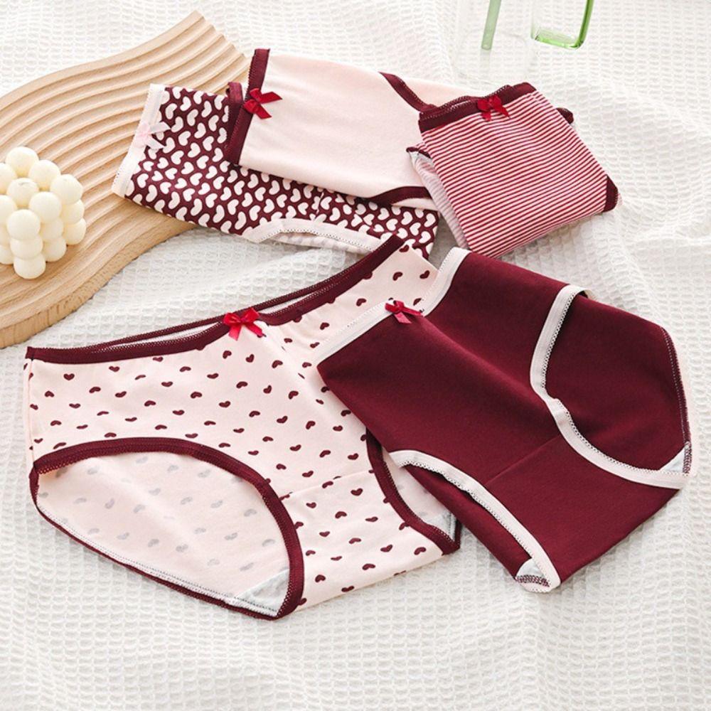 5PCS Bowknot Love Heart Panties Low Waist Women Underwear Sweet Strawberry Briefs Girls