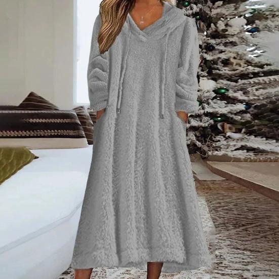 Women Fuzzy Fleece Midi Dress Long Sleeve Warm Plush Dress Hooded Drawstring Sweatshirt Dress with Pockets