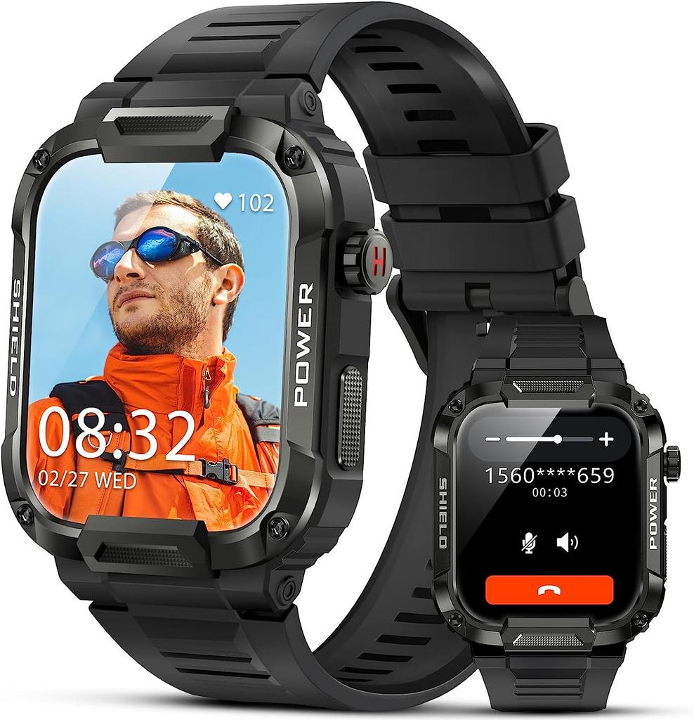 Smart Watch for Men Military Smart Watches IP68 Waterproof Smartwatch Bluetooth Call Outdoor Tactical Sports Rugged Fitness Tracker for iPhone Android