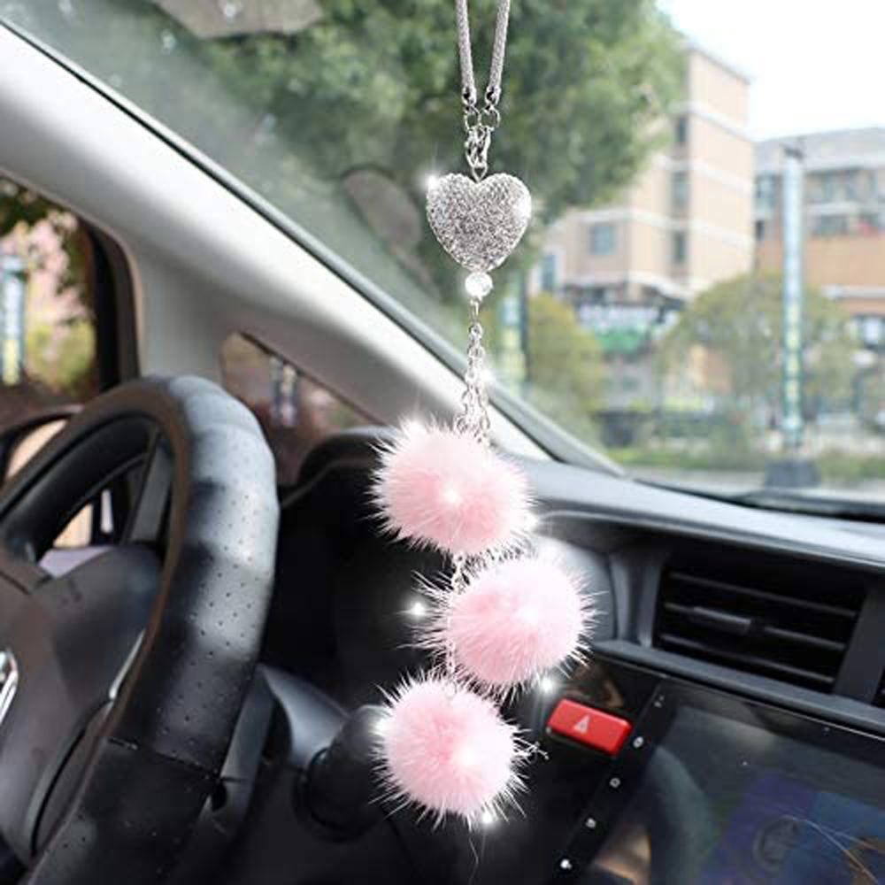 Rearview Mirror Bling  Car Charm Car Crystal Pendant Car Hanging Ornaments Pink Plush ball
