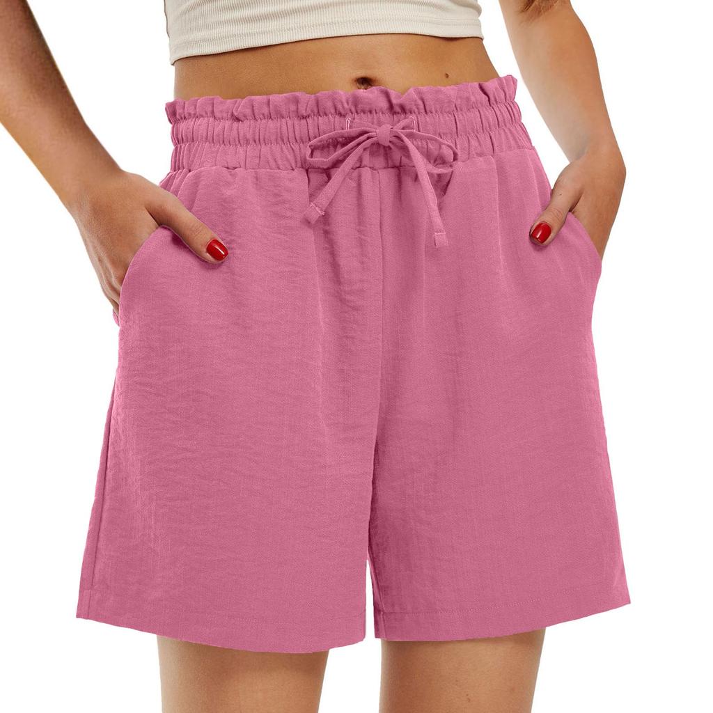 Women's Fashion Loose High Waist Drawstring Solid Color Small Pocket Casual Shorts