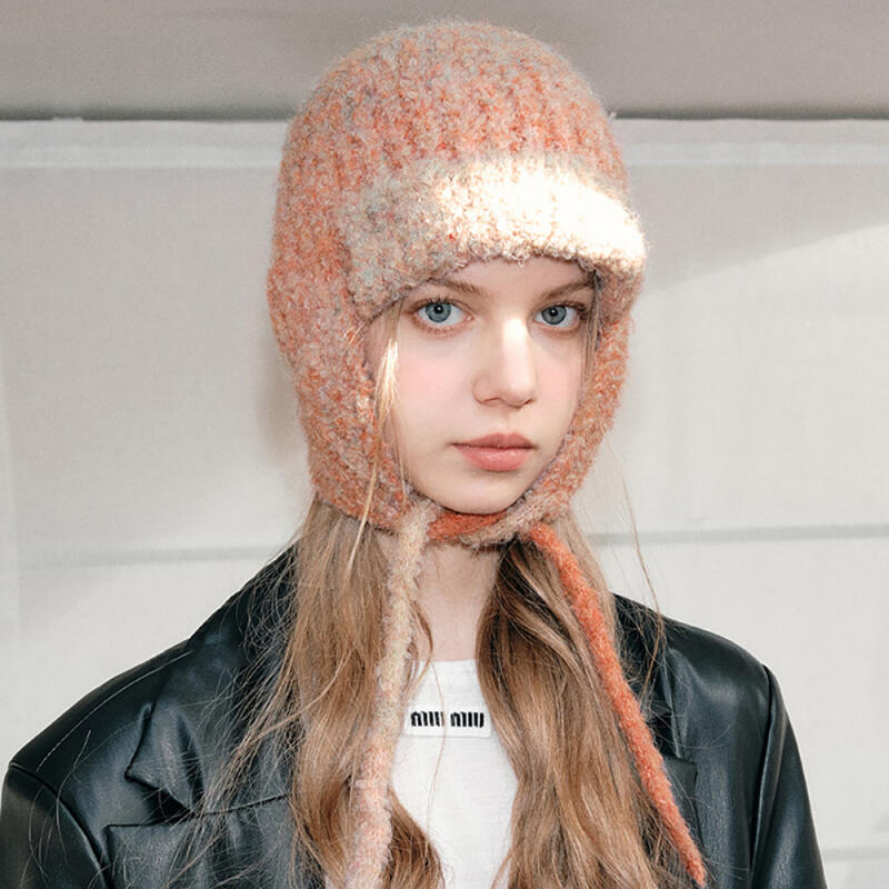 Pastel bouclé knit bonnet hat peach