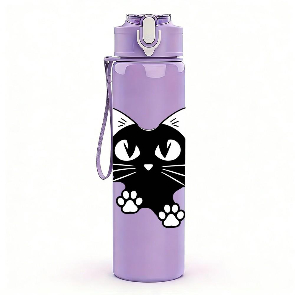 1PC Large Eye Black Kitty Cartoon Print 750ml Color Plastic Sports Water Bottle Leakproof Flip Straw Lid Suitable for Sports Office Home Use