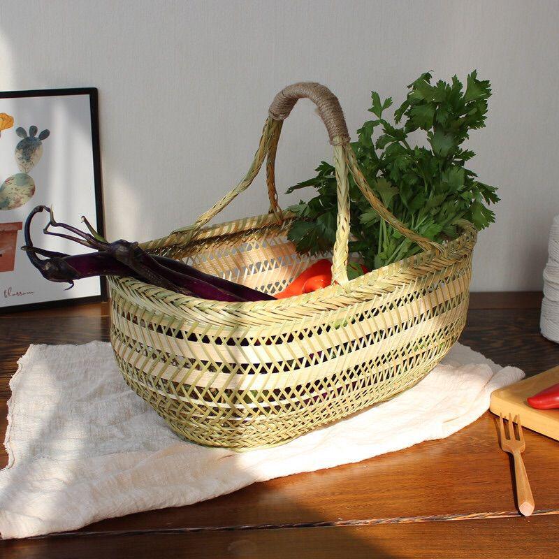 Bamboo Weave Vegetable Shopping Basket - Handmade, Handheld Kitchen Storage