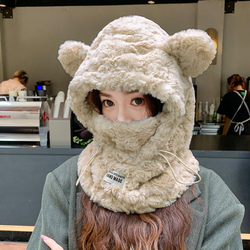 Милая утолщенная плюшевая шапка-шарф с медведем, интегрированная зимняя теплая холодная велосипедная шапка-ушанка Tide