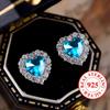 Real S925 Sterling Silver Aqua Blue Green Red Pink Heart Zircon Stud Earrings for Women Fashion Wedding Jewelry