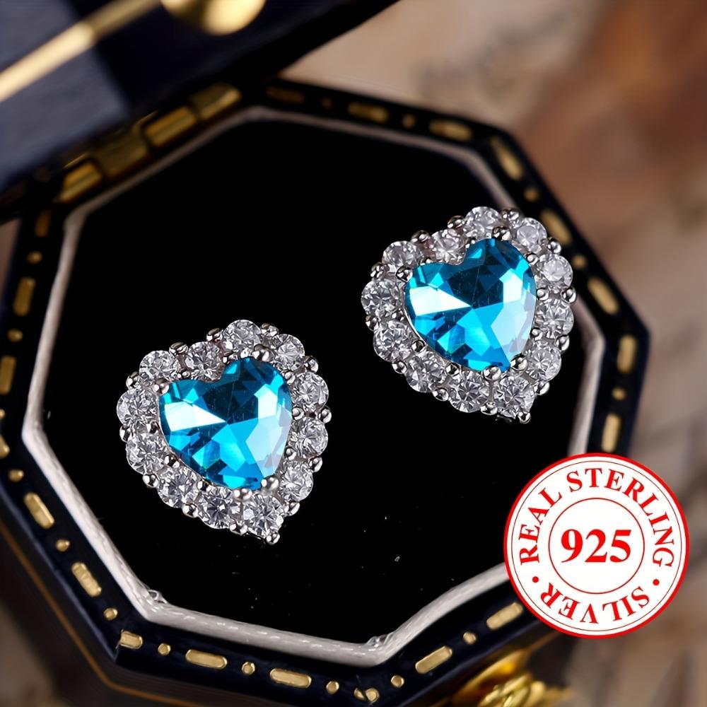 Real S925 Sterling Silver Aqua Blue Green Red Pink Heart Zircon Stud Earrings for Women Fashion Wedding Jewelry