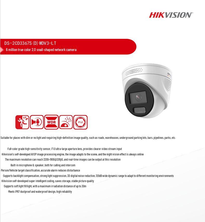 Hikvision 6MP Ultra Full Color 2.0 POE Turret Camera with Two-Way Audio