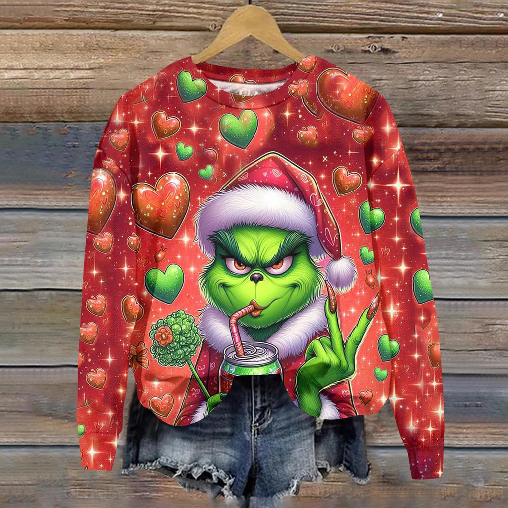 Ladies' Christmas Greentown Print Casual Long Sleeved Round Neck Sports Hoodie Top