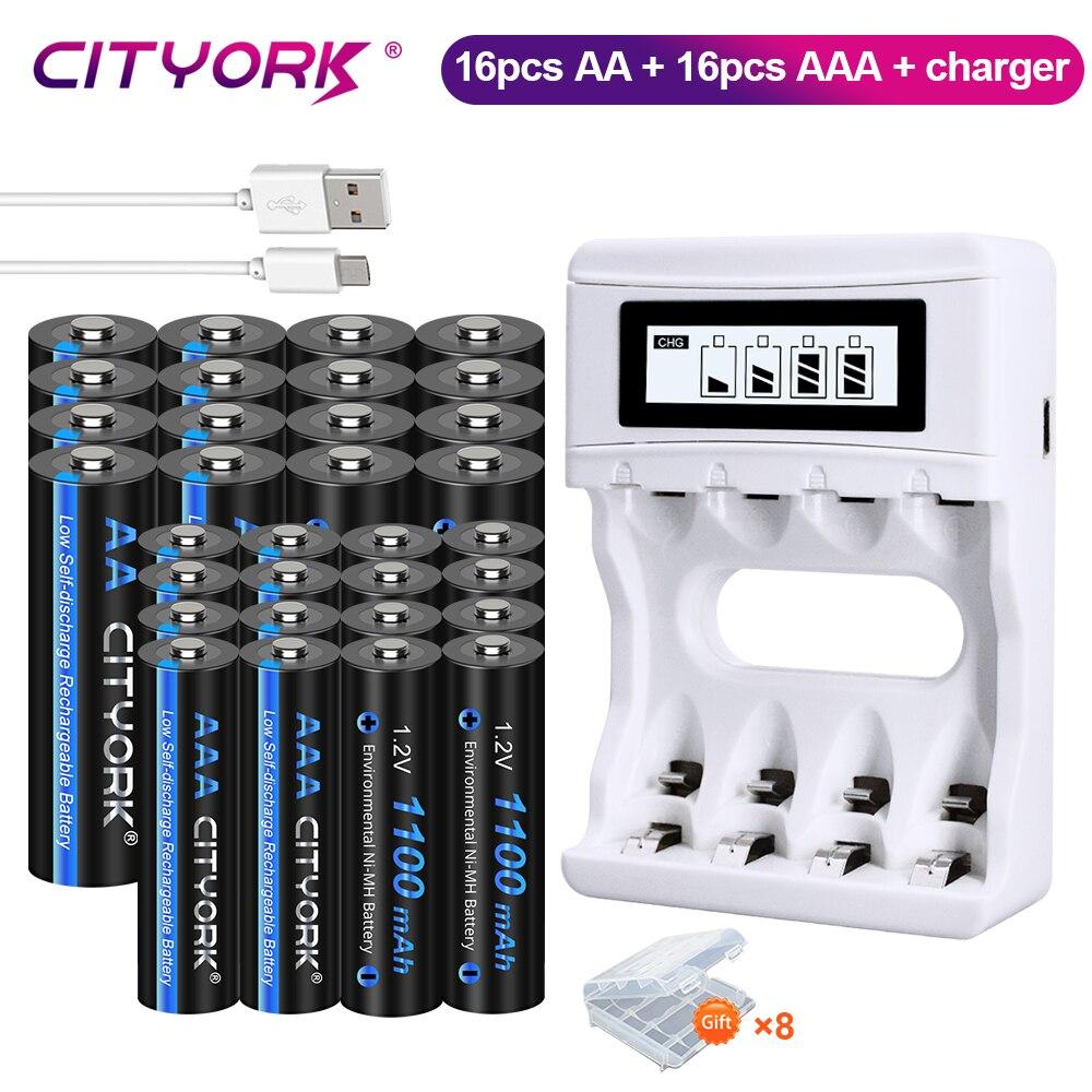 Cityork Перезаряжаемая батарея AA 1,2 В + аккумуляторная батарея AAA 1,2 В + USB-зарядное устройство с ЖК-дисплеем для 1,2 В AA AAA nimh NI-MH батареи