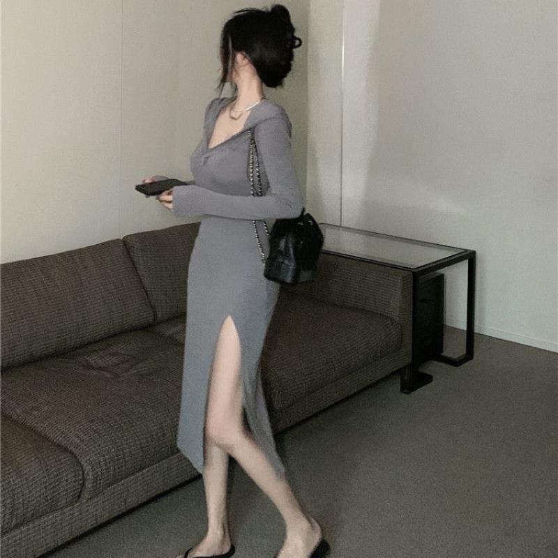 Y2k Bodycon Hood Dress Women Fall Casual Wrap Split Hooded Dresses Korean Fashion Kpop Long Sleeve Robes Female