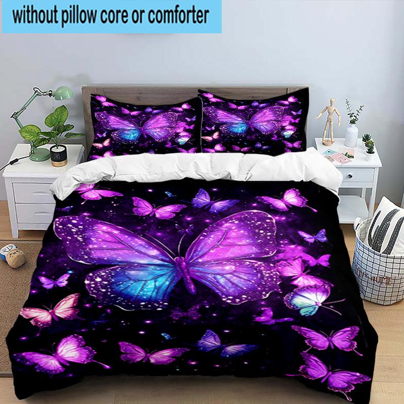 Purple Butterfly Dreams 3pcs Bedding,Including 1pc Duvet Cover And 2pcs Pillowcases Perfect for Christmas,Ideal for Bedroom, Dormitory