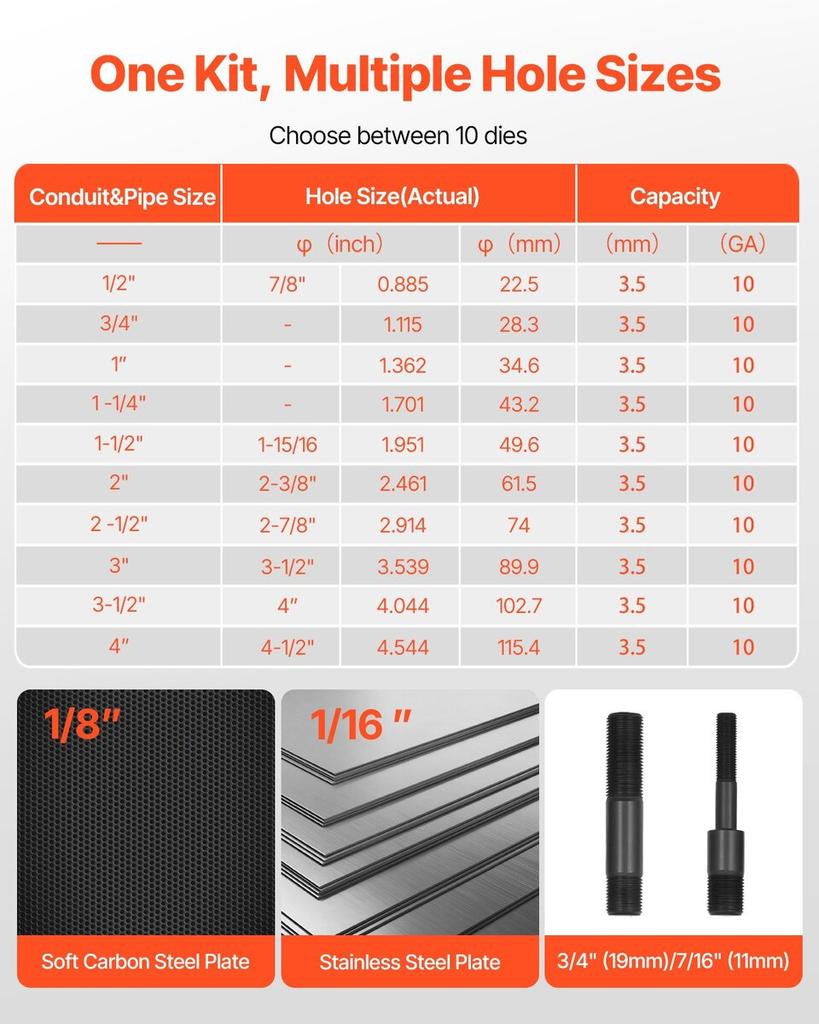 Knockout Punch Set, 147.1 kN Hydraulic Knockout Set, 12.7 to 101.6mm KO Tool Kit Hole Making Tool, KO Tools Kit W/10 Dies for Metal Electrical