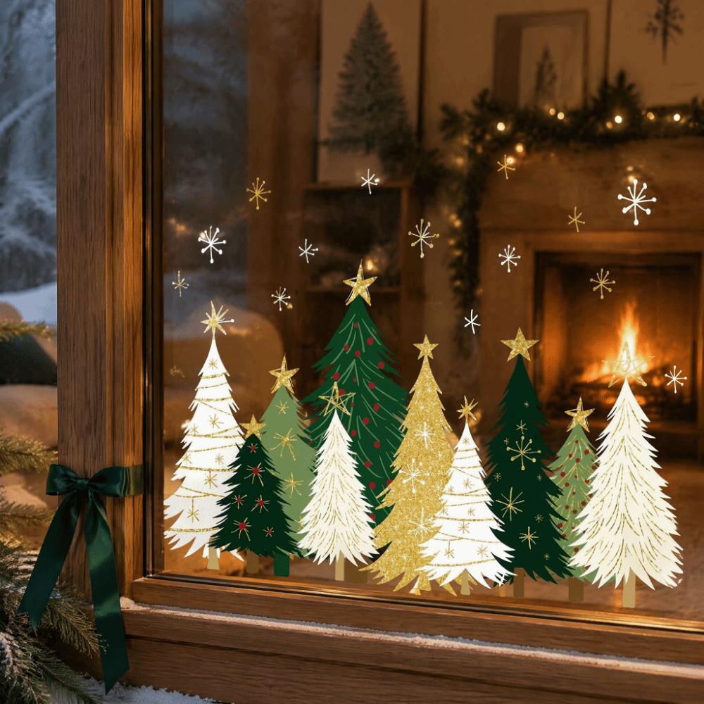 Multicolor Christmas Tree Window Sticker Star Snowflake Waterproof Pine Tree Decals Static Cling Easy Peel Stick Glass Clings
