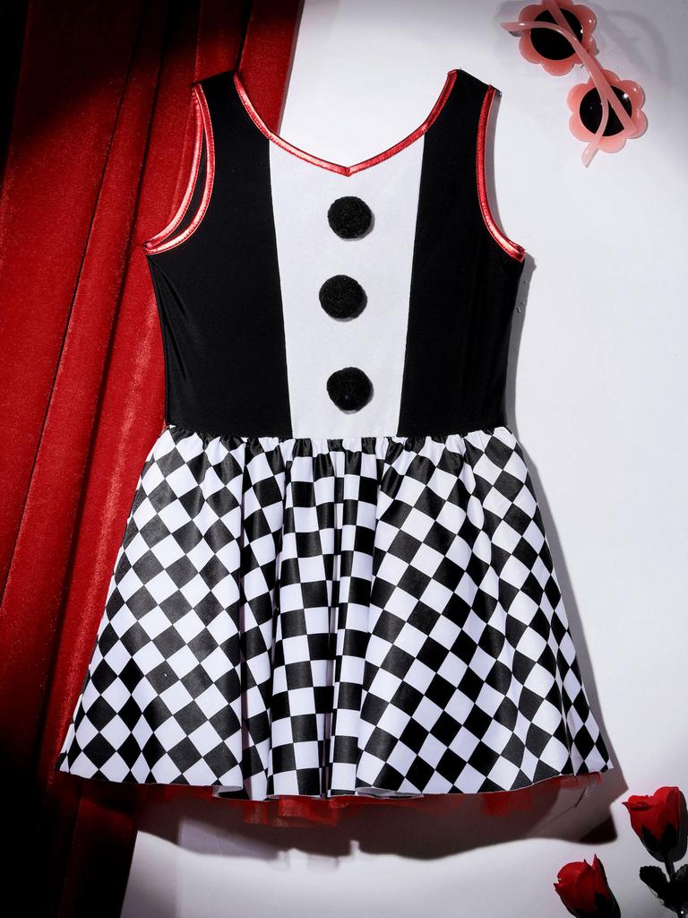 Детский костюм клоуна для девочек, платье в шахматную клетку без рукавов для Хэллоуина, карнавала, вечерние, балетное платье для косплея