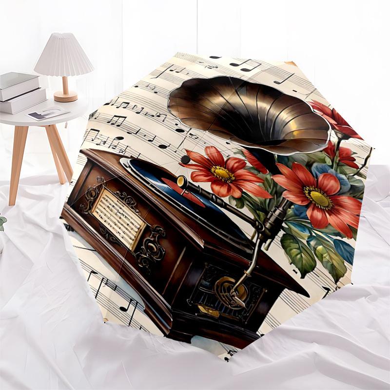 1pc Vintage Gramophone with Flowers and Sheet Music Umbrella with Plastic Handle,Suitable for All Seasons Home Travel Outdoor Umbrellaptys31012