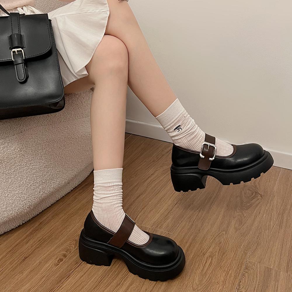 Одиночные туфли повседневные ретро толстый каблук платформа Мэри Джейн маленькие кожаные туфли женские