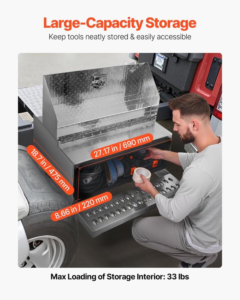Semi-Truck Step Tool Box, 760 x 750 x 400 mm Heavy Duty Aluminum Diamond Plate Toolbox, Waterproof Cab Entry Step Storage Box with T-Handle Lock &