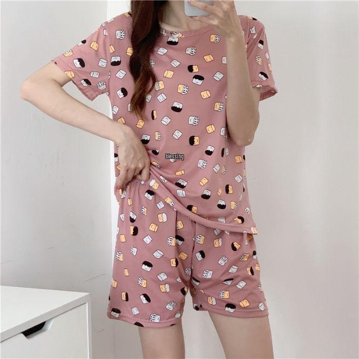 Женский летний пижамный комплект: Круглый вырез, Короткий рукав, Мультяшный принт, Омолаживающая домашняя одежда