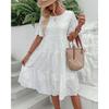 Summer Women Dress Hollow Out Pleated A-line O Neck Short Horn Sleeves Midi Dress Patchwork Solid Color Big Swing Lady Dress
