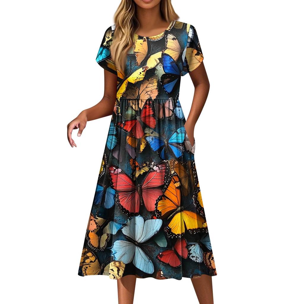 Women's Fashion Casual Loose Printed Round Neck Pocket Short Sleeve Dresses