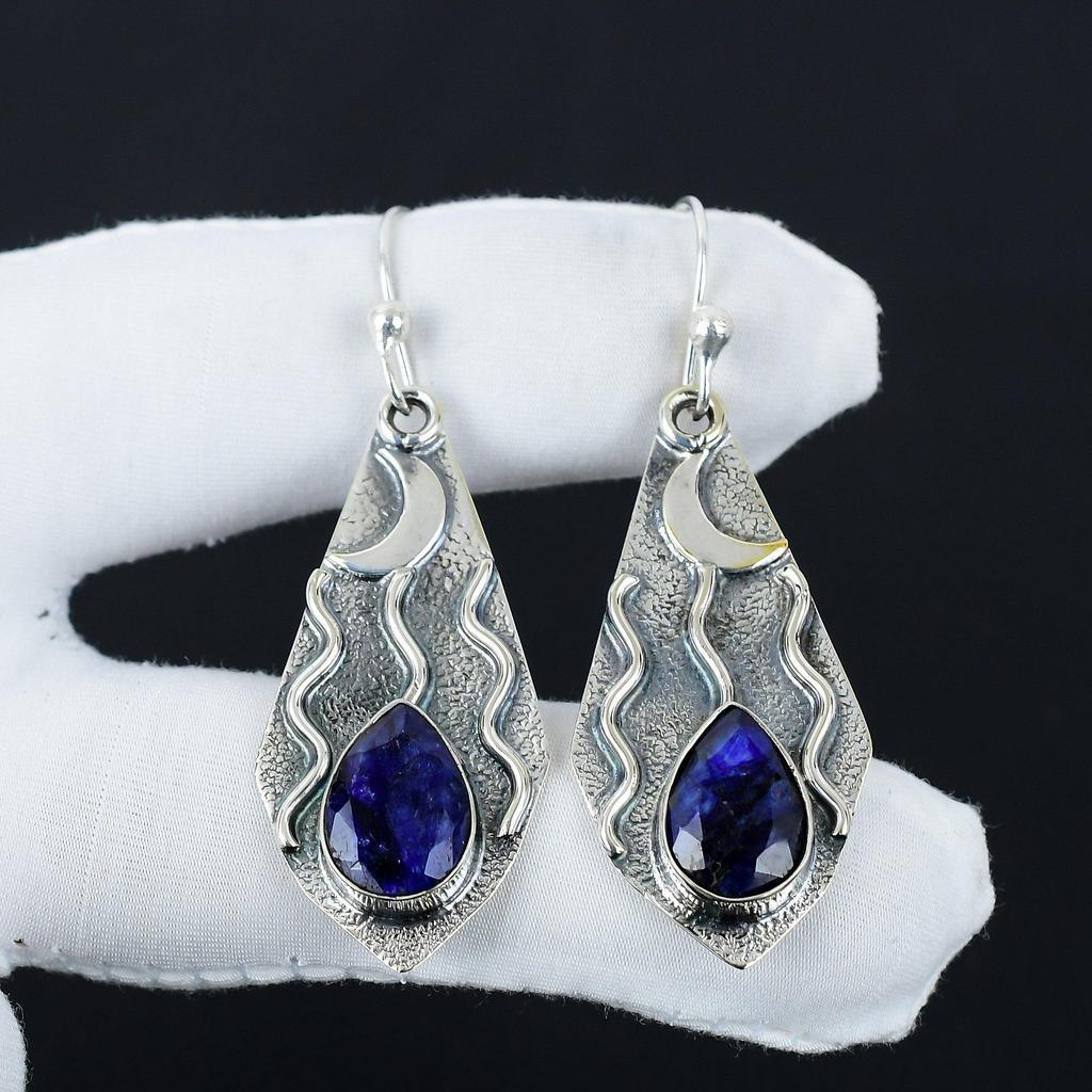 Изящные серьги с синим сапфиром, серьги из стерлингового серебра 925 пробы, серьги-подвески ручной работы в стиле бохо из серебра, подарки из ваты