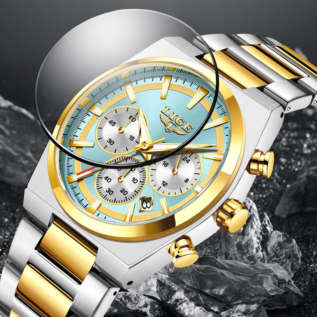 LIGE Mens Watches Fashion Business Quartz Wristwatches Waterproof Stainless Steel Chronograph Luminous Auto Date Watch for Man