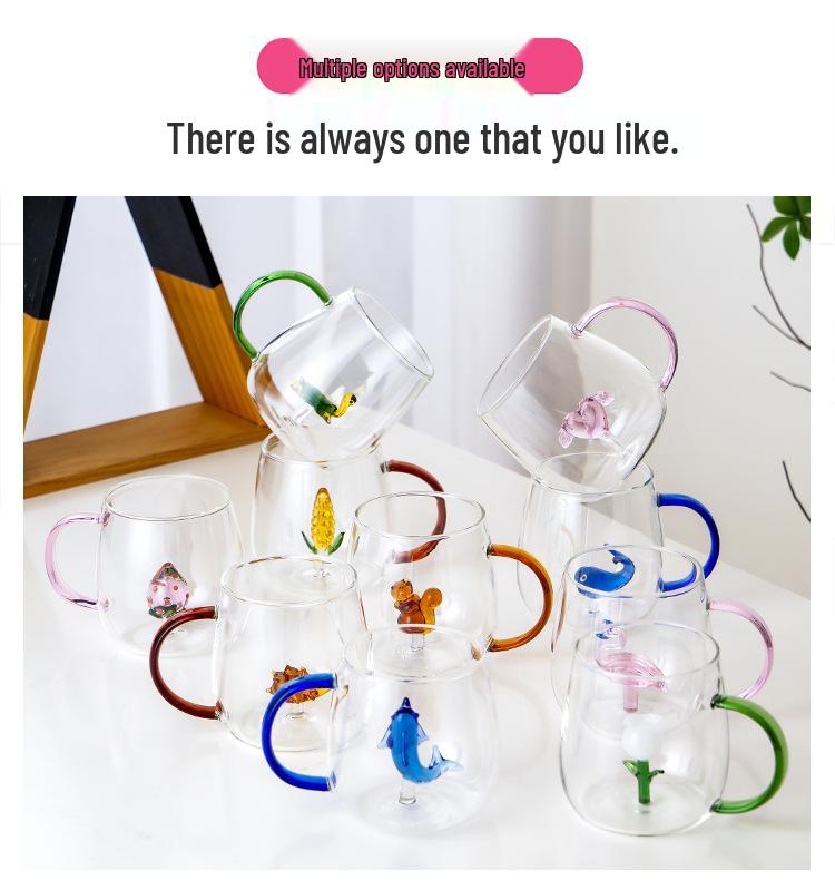 3D Cartoon Animal Glass Cup with Colored Handle - High Borosilicate Household Gift