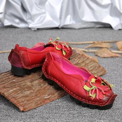 2025 Летние туфли на плоской подошве из натуральной кожи, женские мягкие туфли на плоской подошве, черные, красные, с цветочным принтом, мокасины для мам, женская дизайнерская обувь