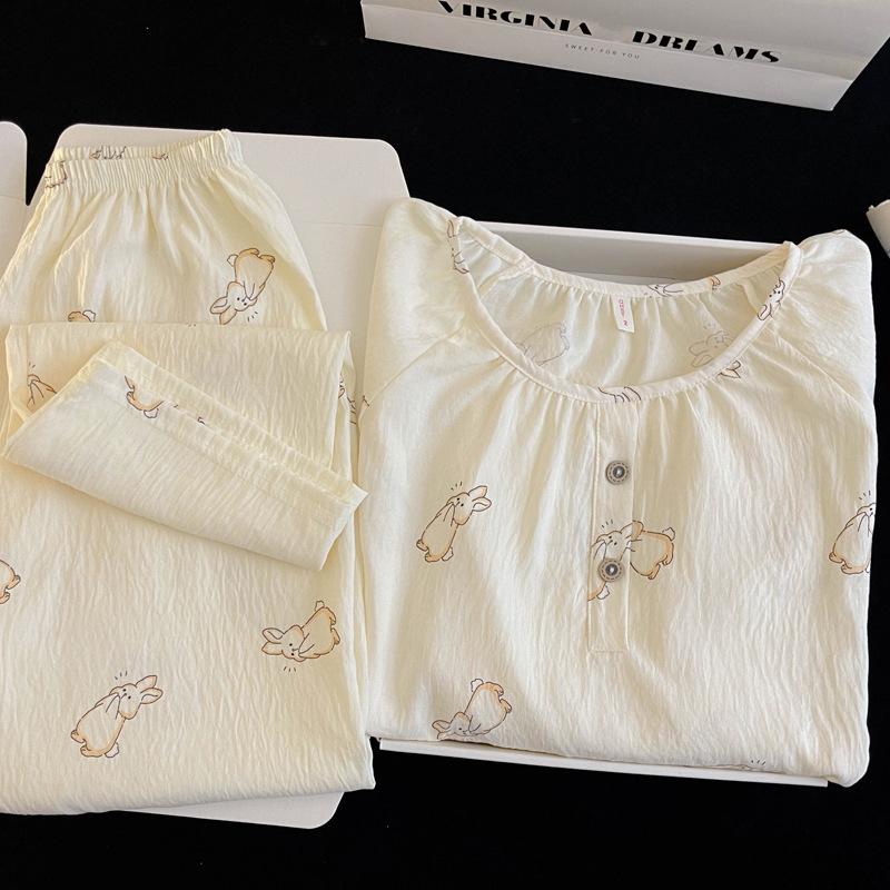 Женский набор пижамы с мультяшным принтом из облачного хлопка – с длинным рукавом, круглым вырезом, больших размеров, для ношения на улице