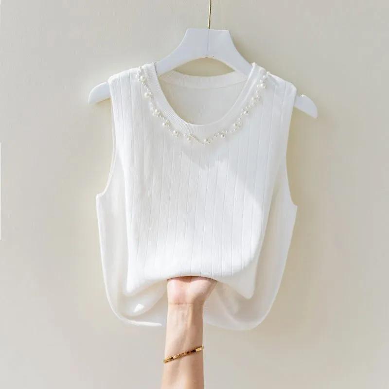 WTEMPO Pearls Decoration Ice Silk Loose Camisole Vests Women Spring Summer Sleeveless Inner Knitted Bottom Tops