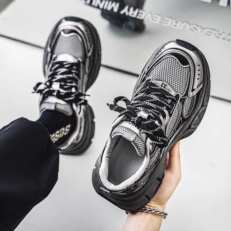 Men's shoes summer breathable deodorant mesh sports leisure thick sole heightening feet wide fat silver