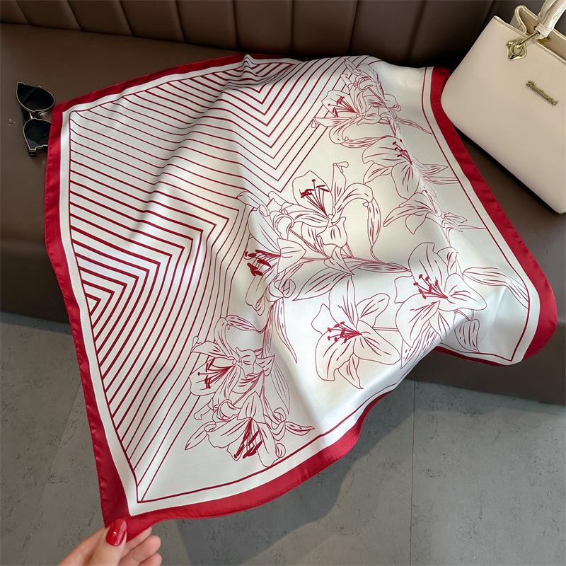 Lily Printed 70 Square Scarf Imitation Silk Sunscreen Scarf Versatile Decorative Scarf Women'S Headscarf Silk Scarf