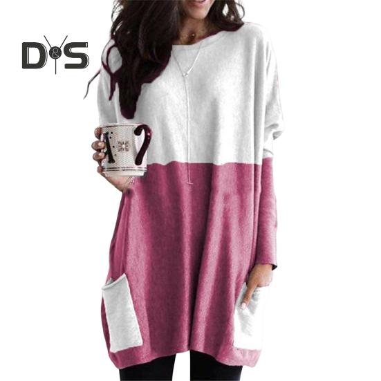 Женские топы с круглым вырезом, длинным рукавом, цветные блоки, пуловеры, топы с карманами, свободный крой, рубашка средней длины, повседневная одежда