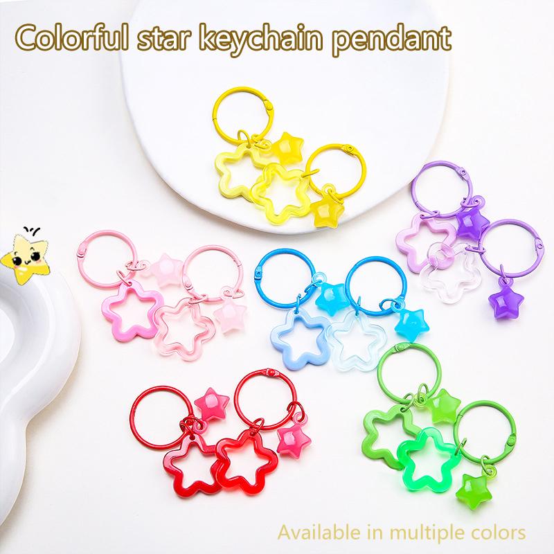 Metal Open Ring Keyrings Colorful Resin Five-Pointed Star Bell Pendant Keychain For Women Girl Car Hanging Trinket Key Holder