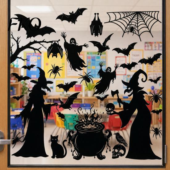 Scratch-resistant Window Cling 3Pcs Halloween Witch Sticker, PVC Waterproof Clings, Removable Ghost Bat Durable Decal Spider Decals for