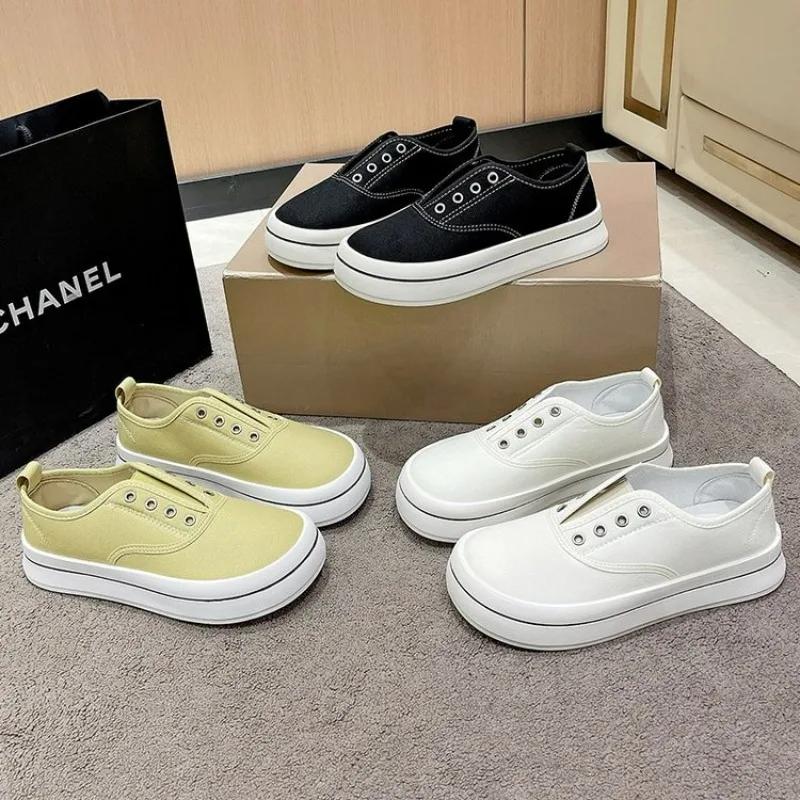 Модные женские парусиновые туфли на плоской подошве 2024 года, летние новые низкие неглубокие женские кроссовки без застежек, повседневные кроссовки zapatillas mujer, белые женские кроссовки