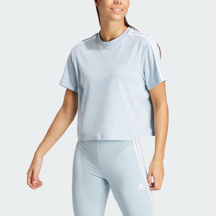 Adidas Женский укороченный топ из джерси Essentials с тремя полосками, светло-голубой IS1568