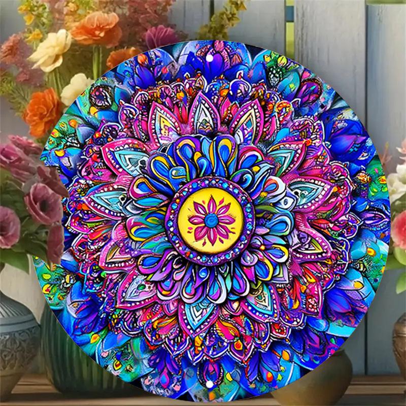 2D плоская 20*20см1шт Винтажная мандала Цветы узоры настенная художественная табличка, красочный симметричный узор для баров, кафе, пляжных домиков и дворов