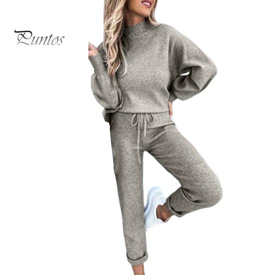 Solid Color 2 Pcs/Set Women Tracksuit Loose Half Turtleneck Casual Elastic Waist Keep Warm Drawstring Sportwear Sweatshirt Sweatpants Suit